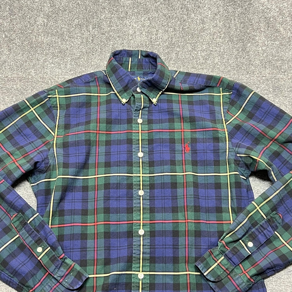 Ralph Lauren Slim Fit Stretch Oxford Shirt Mens Medium Blue Green Plaid Button